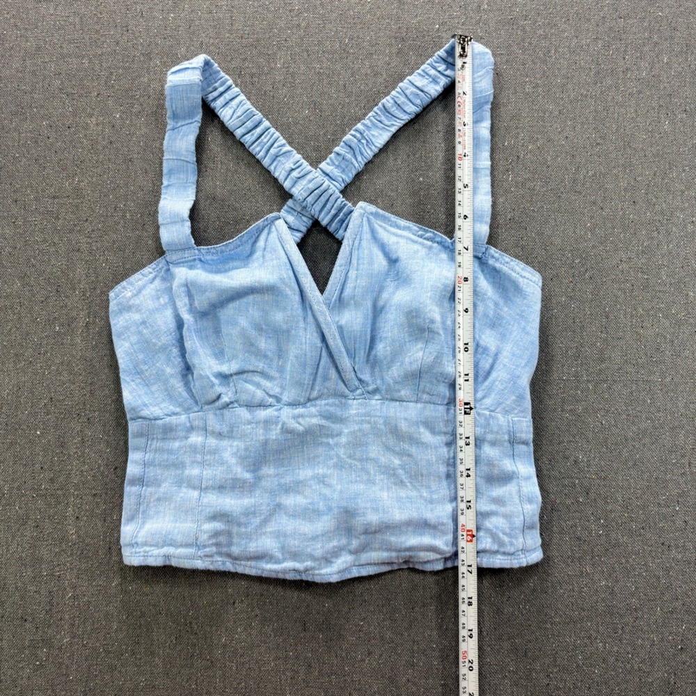 Anthropologie Light Blue Linen Blend Criss Cross Back Crop Top Smocked Back - Picture 7 of 7